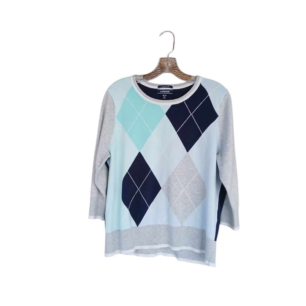 Lands' End Navy & Gray Argyle Crew Neck 3/4 Sleeve Sweater XL